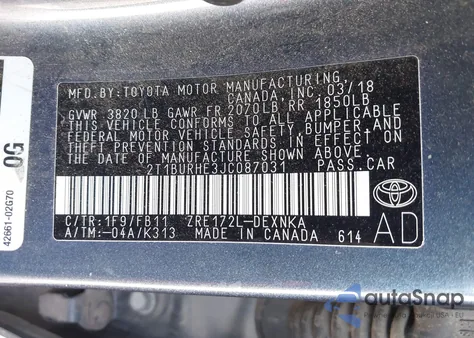 2018 Toyota Corolla Le z USA, uszkodzony, nr VIN 2T1BURHE3JC087031